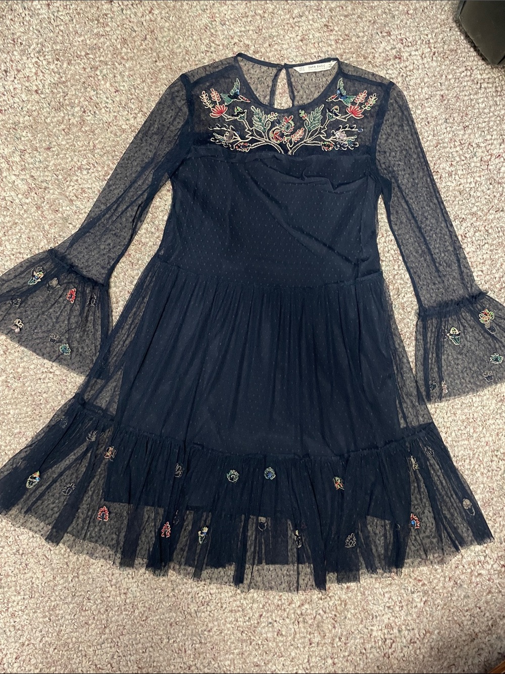 Zara beaded accent navy sheer lace boho flare-sleeve pleated dress -new